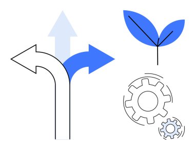 Sürdürülebilirlik, yenilik, karar verme, iş stratejisi, büyüme, verimlilik. İki mavi ok dallanıyor, dişliler dönüyor ve mavi bir yaprak. Sürdürülebilirlik ve yenilik kavramı