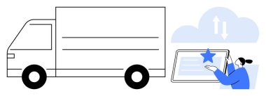 Lojistik, dağıtım, dijital araçlar, bulut hesaplama, ulaşım, servis yönetimi. Bir kamyon ve bir insan bulut ve yıldız simgeleriyle dijital bir cihazla etkileşime geçiyorlar. Lojistik ve teslimat