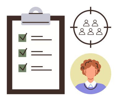 Kontrol listesi olan pano, hedef kitle simgesi ve bireysel profil resmi. Planlama, hedef belirleme, askere alma, görev yönetimi, takım liderliği HR stratejileri için ideal. Basit düz