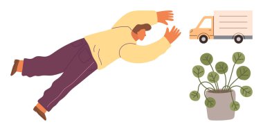 Yanında saksı bitkisi olan hareket halindeki bir kamyona uzanan bir adam. Kaos, aciliyet, eylem, teslimat, lojistik espri anlayışı için idealdir. Tuhaf, düz bir metafor.