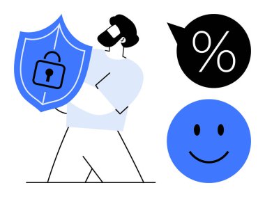 Siber güvenlik kavramı. Siber güvenlik, kilitli asma kilidi olan bir kalkan tarafından resmedilmiş. Siber güvenlik sistemleri ve veri korumasını güvence altına aldı. Fintech, IT çözümleri, eğitim ve sosyal medya için