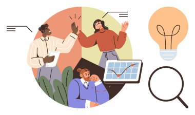 Fikir alışverişi, veri tablosu analizi, beşlik çakma işbirliği, insan düşüncesi. Yaratıcılık için ampul ve araştırma için büyüteç. Takım çalışması, yenilik ve araştırma için ideal