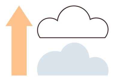 Yukarı ok ve bulut hesaplama, büyüme, yenilik, ilerleme, teknoloji, veri depolama ve yüklemeyi temsil eden iki bulut elementi. Gelecek için ideal, teknolojik dijital sürdürülebilirlik