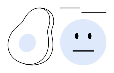 Soyut sanat, minimalizm, gıda kavramları, duygular, modern tasarım, yaratıcılık. Beyaz arka planda basit bir avokado çizgisi ve nötr bir yüz. Soyut sanat ve minimalizm kavramı