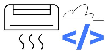 Web geliştirme, iklim kontrolü, teknoloji, kodlama, dijital entegrasyon, klima. Klima, HTML etiketi ve bulut sembolü birleştirme teknolojisi. Web geliştirme ve iklim kontrol kavramı