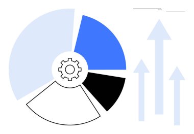 Merkezinde dişli olan dairesel tablolar ve büyüme, yenilik ve başarıyı gösteren yukarı doğru üç mavi ok. İş için ideal, istatistik, ilerleme, performans, takım çalışması