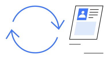 Veri senkronizasyonu kavramı. Dairesel oklar sistemler arası kullanıcı profili verilerini birbirine bağlayan sürekli senkronizasyon iletir. Veri senkronizasyonu bilginin tutarlılığını ve bütünleşmesini sağlar. Teknoloji için