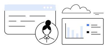 Veri analizi konsepti. Kullanıcı profili simgesi, veri tabloları ve bulut hesaplama sembolleri içerir. Veri analizi içgörüyü, kullanıcı davranışı eğilimlerini ve bulut çözümlerini yönlendirir. Teknoloji ve iş için.