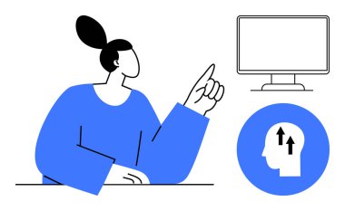 Büyüme zihniyeti konsepti. Kadın bilgisayar ekranına, yeteneklere, bilgi gelişimine ve gelişime işaret ediyor. Büyüme zihniyeti öğrenmeyi, yaratıcılığı, kendini geliştirmeyi teşvik eder. Eğitim için işyeri