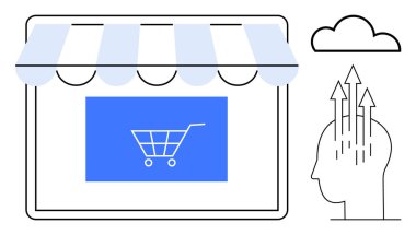 E-ticaret konsepti. E-ticaret trendleri, çevrimiçi alışveriş ve mağaza önü, el arabası ve yenilik unsurlarıyla iş büyümesi. Girişimler için e-ticaret, dijital perakende, pazarlama stratejisi