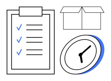 Görev yönetimi, verimlilik, zaman planlama, dağıtım süreci, proje organizasyonu, lojistik. Bir kontrol listesi, kutu ve saat. Görev yönetimi ve verimlilik kavramı