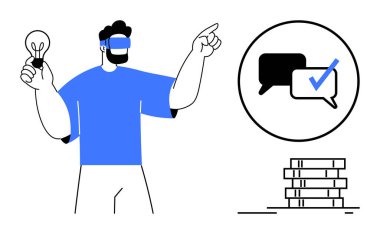 Sanal gerçeklik kulaklığı takan bir adam elinde ampul tutarak kitap yığınının üstündeki işaretli konuşma baloncuklarını işaret ediyor. Yenilik, eğitim, VR öğrenimi, teknoloji, beyin fırtınası, sanal