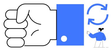 İletişim, takım çalışması, işbirliği, karar verme, işlemler, iş akışı. Bir el yumruğu, dairesel oklar tekrarlamayı ve işaret eden bir kadın. İletişim ve takım çalışması kavramı