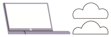 Laptop, veri transferini, depolamayı ve çevrimiçi işbirliğini sembolize eden minimal bulut simgeleriyle yan yana geliyor. Teknoloji, bilişim, uzaktan çalışma, yenilik, iletişim dijital araçları için ideal basit düz