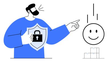 Siber güvenlik kavramı. Siber güvenlik, kalkanların veri bütünlüğünü korumasıyla resmedilmiş. Siber güvenlik dijital güvenliği sağlar ve çevrimiçi etkileşimleri korur. IT, teknoloji ve veri koruması için kullan