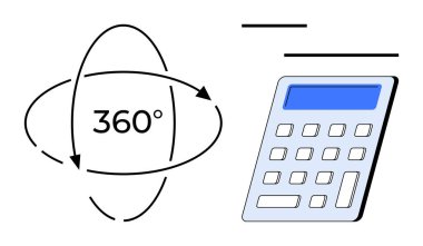Veri analizi, finans, teknoloji arayüzleri, eğitim, yenilik ve hesaplama verimliliği. Dairesel 360 derecelik oklar ve dijital hesap makinesi. Veri analizi ve finans kavramı