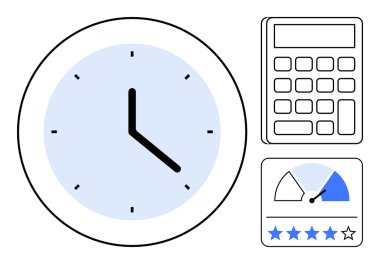 Zaman yönetimi konsepti. Verimlilik takibi için görev planlama ve performans ölçümleri için hesap makinesi tarafından desteklenen saat verimliliği. İş, iş akışı, eğitim ve verimlilik için ideal