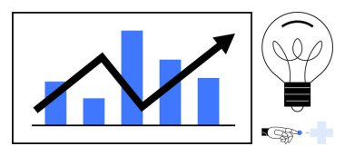 İş büyümesi, yenilik, analitik, veri görselleştirme, stratejik planlama, yaratıcılık. Mavi çizgili siyah çizgi grafik, ampul ve dijital dokunmatik el. İş büyümesi ve yenilik