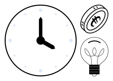 Zaman yönetimi, finansal planlama, yaratıcılık, yenilik, verimlilik, iş stratejisi. Modern saati, bozuk parası ve ampulü olan minimalist bir görüntü. Zaman yönetimi ve mali