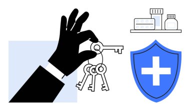 Güvenlik, sağlık, erişim kontrolü, veri güvenliği, sağlık sigortası, güven. Siyah el anahtarı, çapraz ilaç şişeli mavi kalkan. Güvenlik ve sağlık erişimi