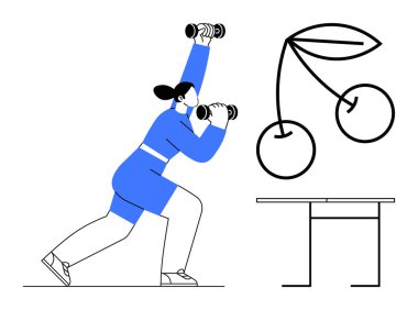 Fitness, sağlık, sağlık, dayanıklılık eğitimi, beslenme, yaşam tarzı dengesi. Bir kadın kiraz ve masanın yanında dambıl kaldırıyor. Spor ve beslenme sembolleriyle sağlık ve sağlık