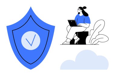 Siber güvenlik kavramı. Siber güvenlik, kalkan ikonu, bulut deposu ve dizüstü bilgisayarda çalışan biri. Siber güvenlik, güvenli bulut hesaplaması ve veri güvenliğini sağlıyor. Teknoloji, güvenlik ve veri için