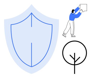 Güvenlik kavramı. Kalkan sembolü, asgari ağaç tasarımı ve bir objeyle etkileşim halinde olan bir insan. Güvenlik, korunma, sürdürülebilirlik ve bağlantının yanında vurgulanıyor. Uygun.