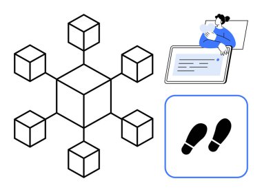 Blockchain konsepti. Veri güvenliği ve merkezi olmayan sistemler için ağ bağlantılarını engelleyin. Engelleme zinciri dijital ayak izlerini ve kullanıcı etkileşimlerini şekillendirir. Fintech, tech, business, Security uygulamaları için