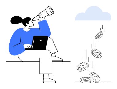 Finansal strateji, yatırım planlama, iş fırsatları, uzak çalışma, gelecekteki büyüme, ekonomi eğilimleri. Buluttan düşen bozuk paralarla teleskop tutan kadın. Mali strateji