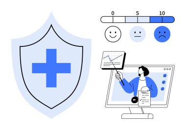 Veri güvenliği kavramı. Koruma sağlayan kalkan simgesi ve kullanıcı etkileşimini geliştiren çevrimiçi geri bildirim araçları. Veri güvenliği kullanıcı deneyimini, geri besleme sistemlerini ve dijital güveni etkiler. Teknoloji için