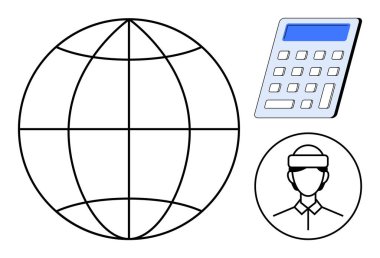 İş planlaması, küresel stratejiler, iş gücü analizleri, teknolojik entegrasyon, veri işlemleri, modern ekonomi. Özetlenmiş bir dünya, hesap makinesi ve profesyonel bir avatar ikonu. Genel stratejiler
