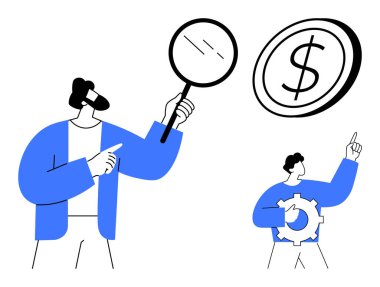 İş analizi, finans yönetimi, strateji geliştirme, piyasa araştırması, ekonomik kavramlar, iş fırsatları. Büyüteç, dolar işareti ve teçhizatı olan bireylerin grafiği. İş dünyası