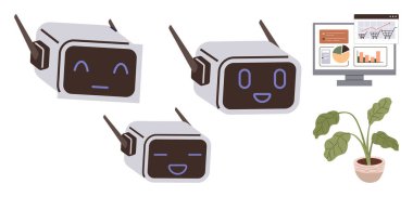 Değişik duygular gösteren üç anlamlı robot görüntüsü, monitörde veri paneli, yakınlarda küçük saksı bitkisi. Teknoloji, robot bilimi, yapay zeka, veri analizi, duygusal zeka, dijital