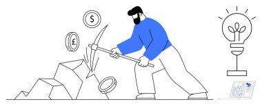 Finans, kripto para, zenginlik yaratma, yenilik, yatırım stratejisi, iş çözümleri. Bir adam fikir ve veri sezgilerinin yakınında bir kazmayla madeni para çıkarır. Finans ve yenilik kavramı