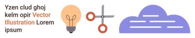 Yaratıcılık, yenilik, beyin fırtınası, problem çözme, tasarım, dijital hizmetler. Ampul, makas ve bulut sembolü. Yaratıcılık ve yenilik kavramsal tasvirler