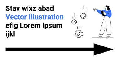 Elinde tablet tutan kadın bozuk paralar ve kalın bir okla finansal ölçümleri analiz ediyor. Finans, işletme, büyüme, yatırımlar, planlama, strateji, sunumlar için ideal