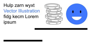 Finansal büyüme, tasarruflar, mutluluk, karlılık, para kazanma, minimalizm. İçinde yer tutucu metin olan bozuk paraların yanında gülümseyen mavi surat. Finansal büyüme ve mutluluk kavramı