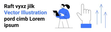İş stratejisi, dijital araçlar, teknoloji, jestler, analizler, büyüme eğilimleri. Tableti tutan kişi ve yukarı doğru ok ile işaret eden el ikonu. İş stratejisi ve dijital araçların görselleştirilmesi