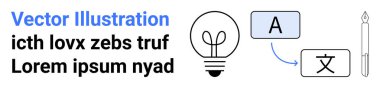 Dil öğrenme, çeviri araçları, iletişim, küresel etkileşim, yaratıcılık, eğitim araçları. Ampul, metin dönüştürme kutuları ve kalem sembolü. Dil öğrenme ve çeviri araçları