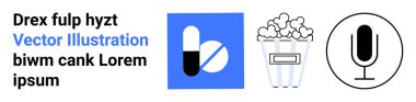 Tıp, sağlık, eğlence, podcast, iletişim, modern medya. Kapsül simgesi, patlamış mısır kovası ve doğrusal olarak yerleştirilmiş mikrofon. Tıp ve eğlence kavramları vurgulanmıştır