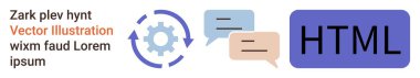 Web geliştirme, kodlama, iletişim, yazılım, takım çalışması ve işbirliği. Konuşma baloncukları ve HTML etiketli bir dişli simgesi. Web geliştirme ve kodlama kavramı