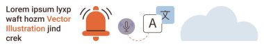 Dil çevirisi, bildirimler, dijital iletişim, ses girişi, bulut depolama, metin dönüştürme. Alarm zili, mikrofon ve bulut simgeleri. Dil çevirisi ve bildirim kavramı