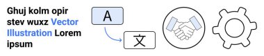 Dil çevirisi, iş iletişimi, takım çalışması, teknik tasarım, küreselleşme, teknoloji. Resmedilmiş simgeler arasında metin çevirisi, işbirliği için el sıkışma ve bir dişli sembolü yer almaktadır