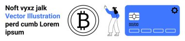Bitcoin logosu, ayarlama ekipmanlarıyla kredi kartı arayüzünü gösteren bir kadın. Kripto para birimi, fintech, dijital cüzdan, e-ticaret, engelleme zinciri, finans, basit iniş sayfası için ideal
