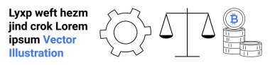 Teknoloji için vites sembolü, adalet için terazi ve kripto para için Bitcoin sikkeleri. Engelleme zinciri, fintech, hukuki teknoloji, yenilik, finans, dijital ticaret basit iniş sayfası için ideal