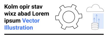 İşlem için vites sembolü, depolama için bulut simgesi ve veri transferi için yukarı doğru oklu veritabanı. Teknoloji, bulut hesaplama, veritabanı yönetimi, otomasyon, veri işleme, sistem için ideal