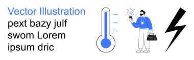 Enerji yönetimi, ticari yenilik, yaratıcılık, sıcaklık kontrolü, güç çözümleri, kavramsal tasarım. Termometre, elinde ampul ve şimşek sembolü tutan adam. Enerji yönetimi ve işi