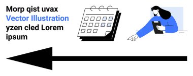 Program, görev yönetimi, planlama, karar verme, gösterge, navigasyon. Bir takvim ve kalın bir oku işaret eden biri. Zamanlama ve görev yönetimi kavramları