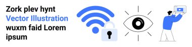 Kablosuz sinyal, asma kilit ve güvenliği vurgulayan göz simgeleri. Dijital medyayla bireysel ilgilenme. Teknoloji için ideal, gizlilik, iletişim, siber güvenlik, bağlantı izleme sade iniş