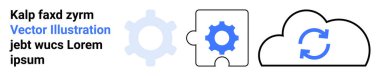 Veri senkronizasyonu, bulut hizmetleri, takım işbirliği, süreç otomasyonu, yazılım entegrasyonu, yenilik. Vites, yapboz parçası ve bulut ana hatlarıyla senkronize sembol. Veri eşzamanlaması ve bulut